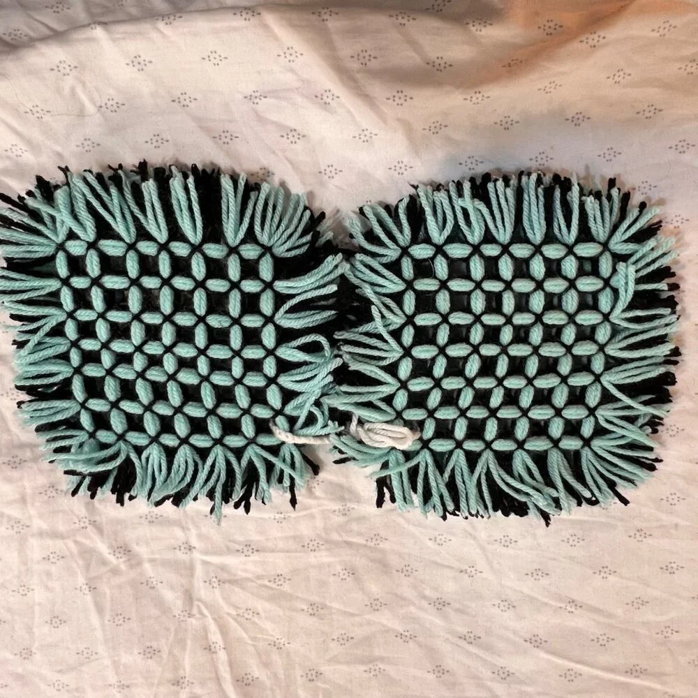 Handcrafted Woven Yarn Pot Holders Black & Aqua Square Set Of 2 7
